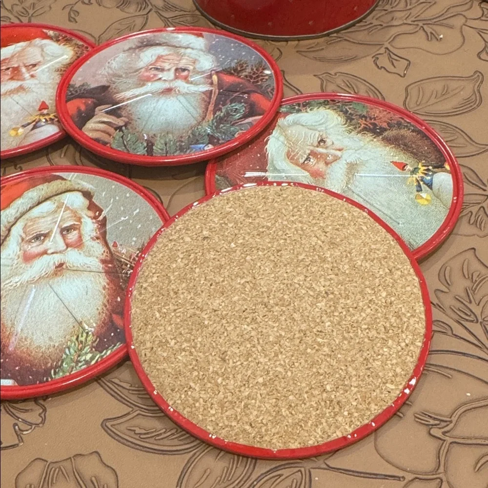 Vtg Tin Santa Claus Coasters, Christmas Lidded 5/ Container ~Holiday Round 3.5”